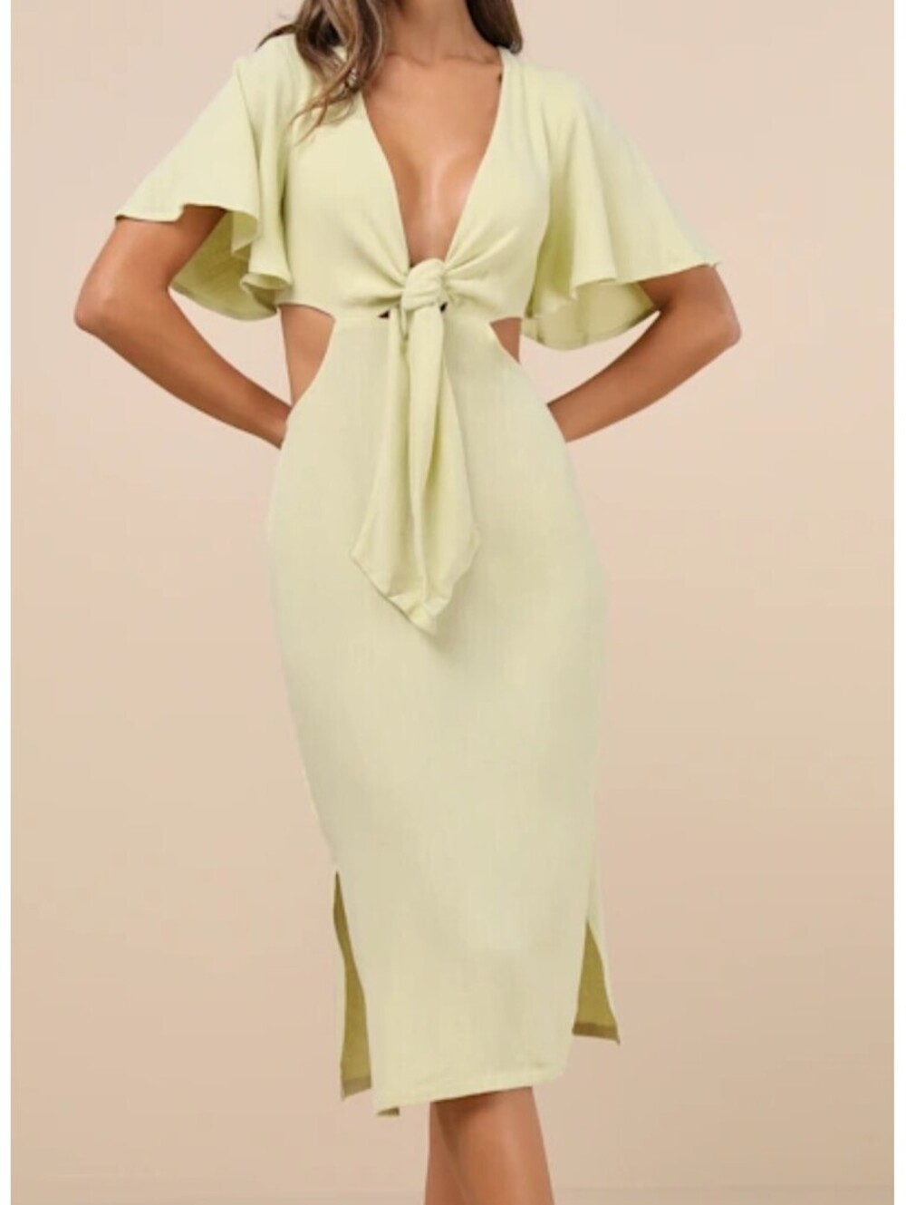 LULUS Summer Journey yellow green flutter sleeve front tie midi dress sz S